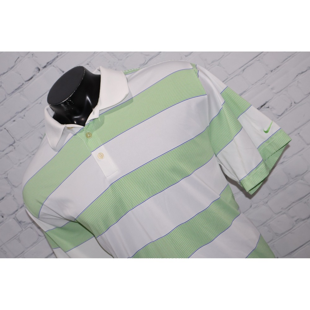 Nike Golf Polo Mens XXL White Green Striped Dri-Fit Short Sleeve Performance